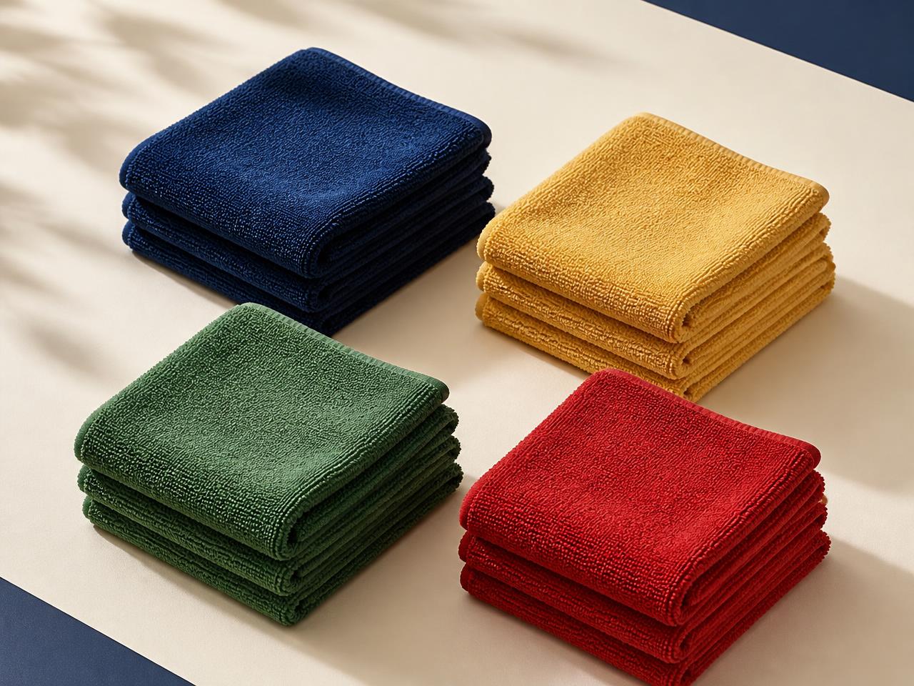 Neatly folded stacks of color-coded blue, yellow, green and red microfiber cleaning towels on a cream surface
